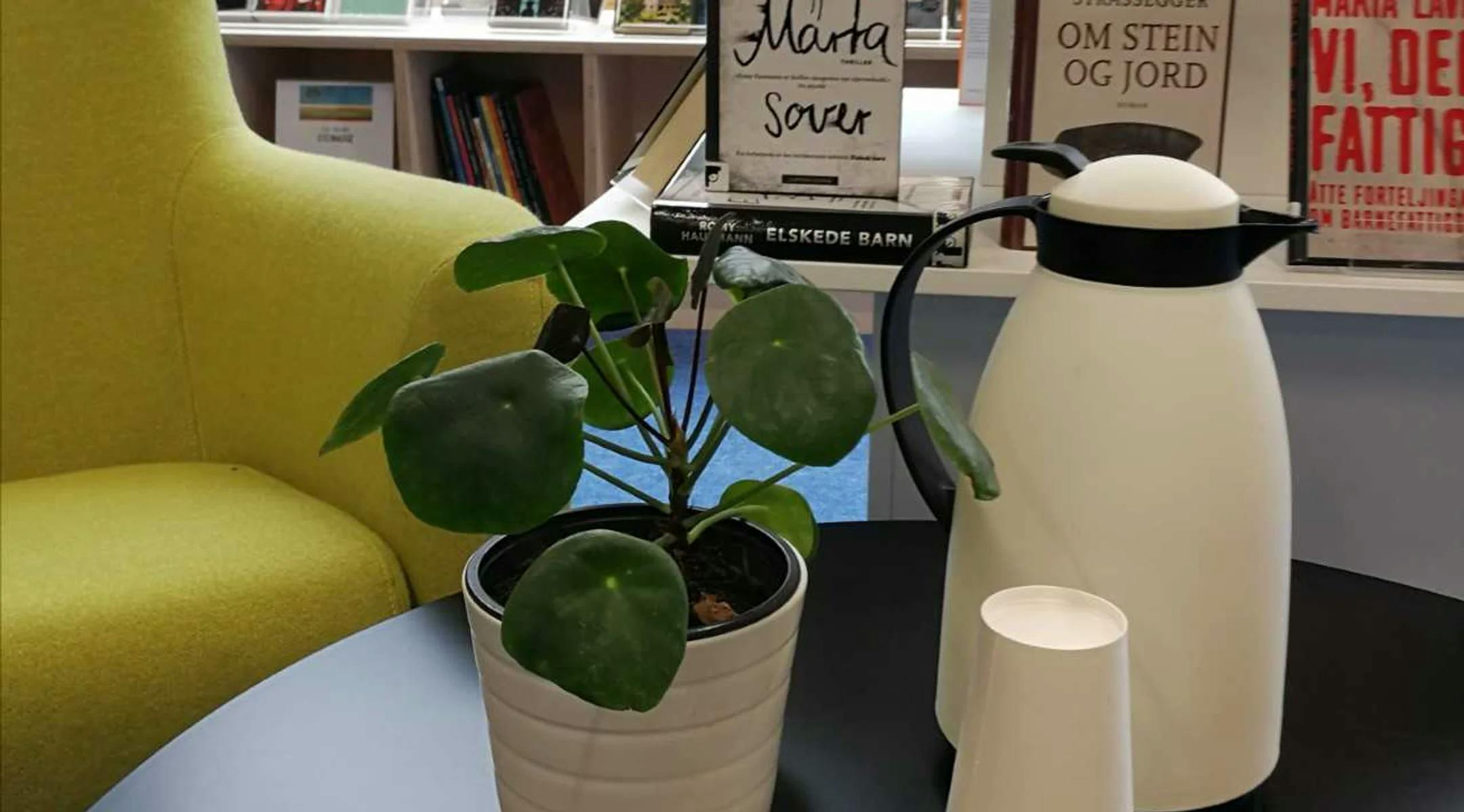 Kaffi, koppar, plante og bøker i biblioteket.
